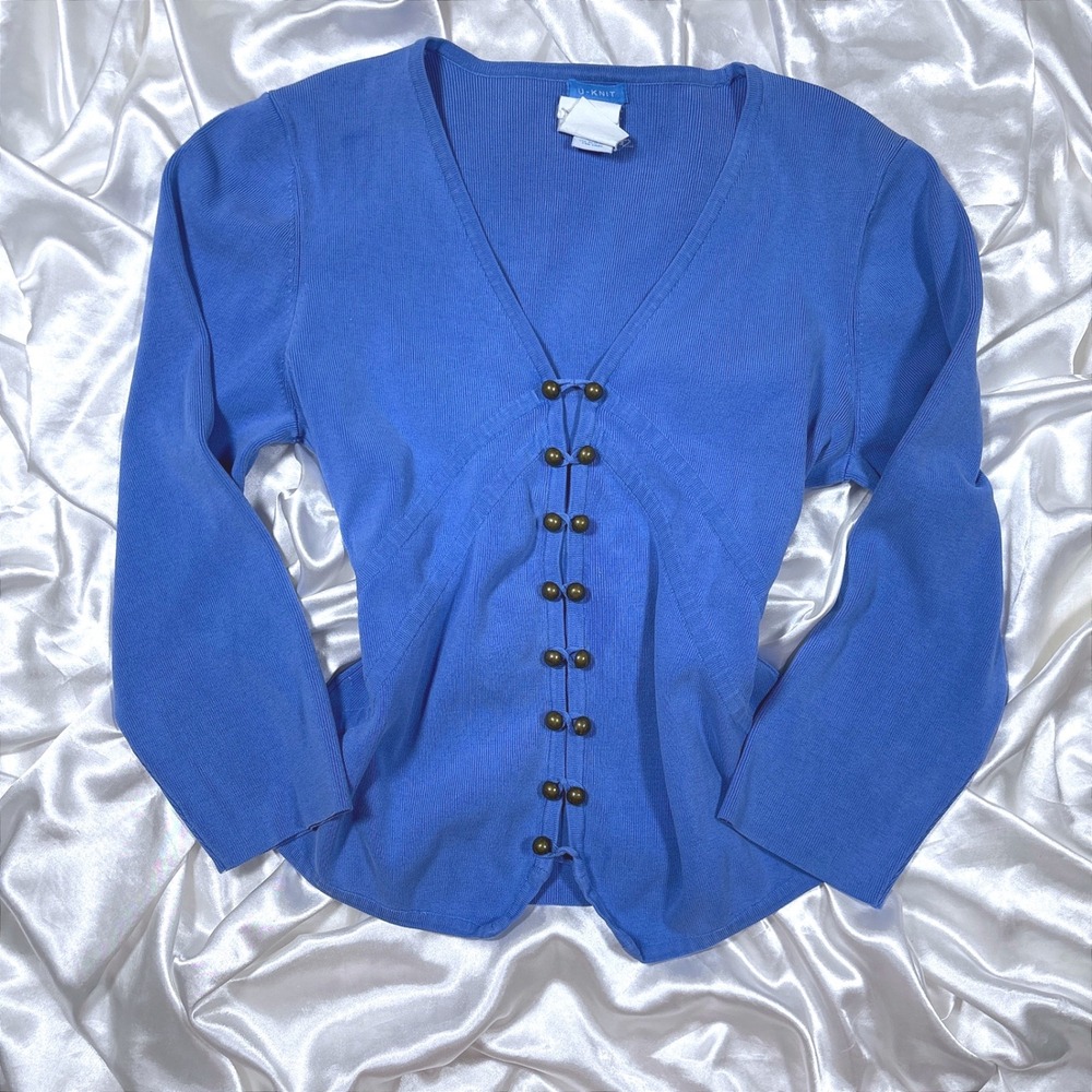 y2k Cardigan Blue Excellent U-KNIT Silk Blend Ball Button Ribbed V-Neck Sweater